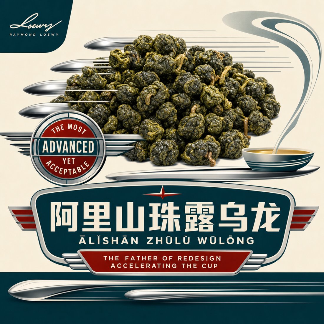 Warm cream poster with a winged R emblem, steel blue and red streamline swooshes, halftone speed lines, and a red lozenge badge beneath three dark pu-erh clumps